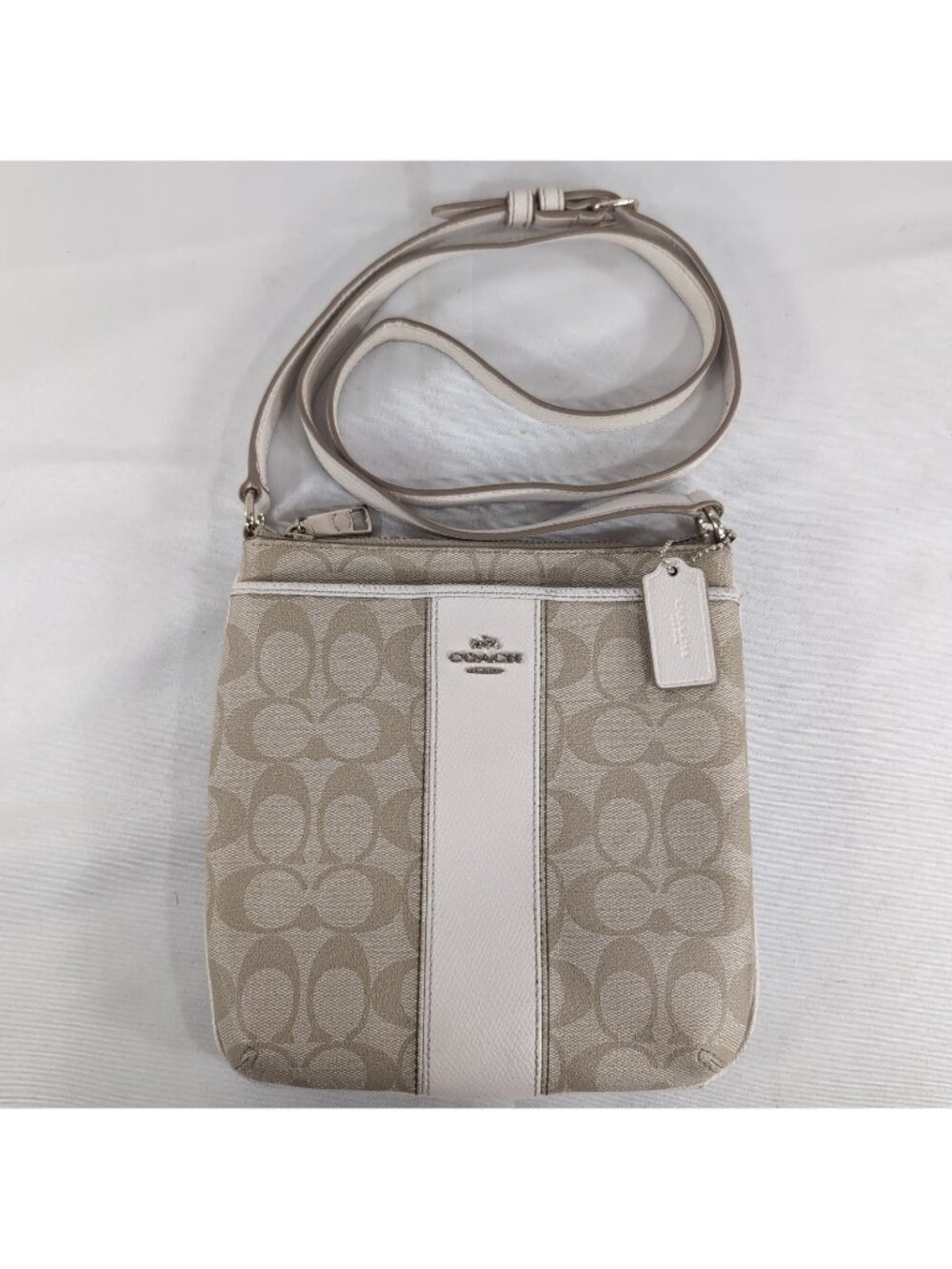Coach F52856 North South Signature Stripe Tan Khaki Cream Leather Crossbody